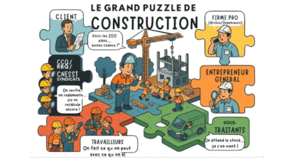 Illustration humoristique du puzzle de la construction au Québec : client, firme professionnelle, organismes (CCQ, RBQ, CNESST), entrepreneur général, sous-traitants et travailleurs.