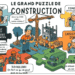 Illustration humoristique du puzzle de la construction au Québec : client, firme professionnelle, organismes (CCQ, RBQ, CNESST), entrepreneur général, sous-traitants et travailleurs.