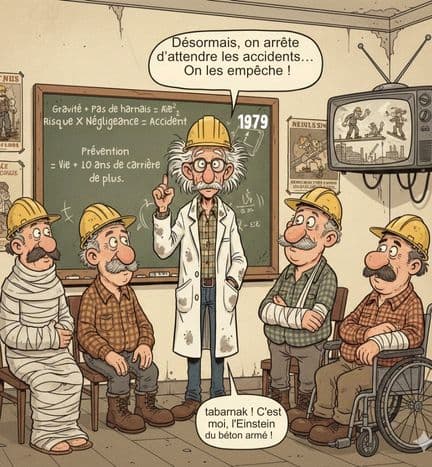 Einstein de la construction en 1979 expliquant la prévention SST à des travailleurs blessés, avec une TV montrant un ancien chantier dangereux.