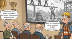 Illustration humoristique montrant des travailleurs retraités blessés regardant une grande TV qui diffuse un chantier dangereux des années 1950, avec un jeune travailleur moderne qui comprend l’importance de la SST.