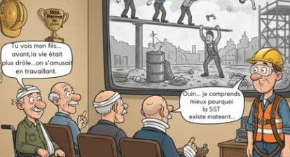 Illustration humoristique montrant des travailleurs retraités blessés regardant une grande TV qui diffuse un chantier dangereux des années 1950, avec un jeune travailleur moderne qui comprend l’importance de la SST.
