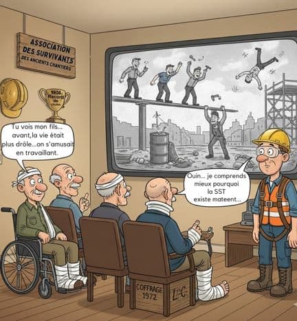 Illustration humoristique montrant des travailleurs retraités blessés regardant une grande TV qui diffuse un chantier dangereux des années 1950, avec un jeune travailleur moderne qui comprend l’importance de la SST.