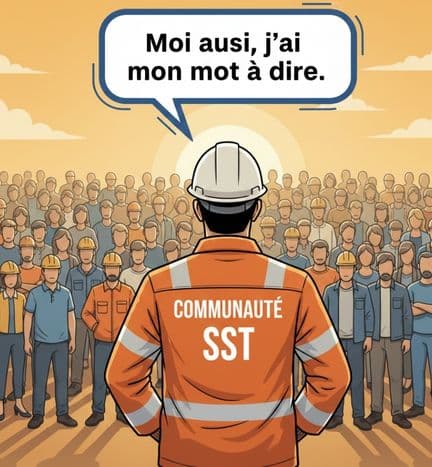 Personne en tenue de chantier vue de dos avec « Communauté SST » sur le dos, parlant devant une foule diverse d’acteurs de la construction avec la bulle « Moi aussi, j’ai mon mot à dire