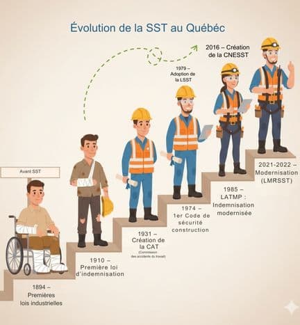 Frise illustrée présentant l’évolution de la SST au Québec : de 1894 avec un travailleur blessé en fauteuil roulant jusqu’à 2022 avec deux travailleurs modernes équipés d’EPI, montrant les étapes clés comme 1910, 1931, 1974, 1979, 1985 et 2016.