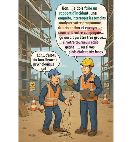 Illustration humouristique d’un CoSS gérant un incident mineur sur un chantier, liée à un emploi SST au Québec"