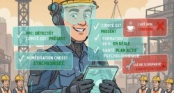 Inspecteur SST cartoon utilisant une tablette futuriste avec des hologrammes montrant la conformité aux obligations LMRSST 2025 sur un chantier : PPC, comité SST, RSS, santé psychologique, formations et numérisation CNESST, avec quelques alertes humoristiques.