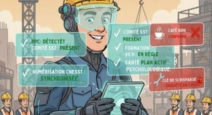Inspecteur SST cartoon utilisant une tablette futuriste avec des hologrammes montrant la conformité aux obligations LMRSST 2025 sur un chantier : PPC, comité SST, RSS, santé psychologique, formations et numérisation CNESST, avec quelques alertes humoristiques.