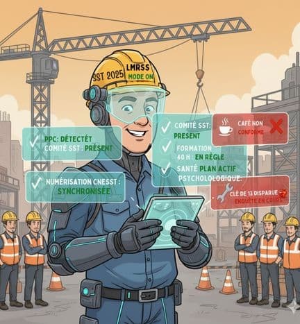 Inspecteur SST cartoon utilisant une tablette futuriste avec des hologrammes montrant la conformité aux obligations LMRSST 2025 sur un chantier : PPC, comité SST, RSS, santé psychologique, formations et numérisation CNESST, avec quelques alertes humoristiques.