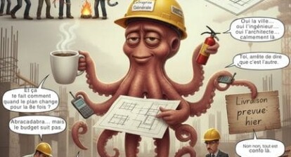entrepreneur général sur un chantier supervisant les travaux et la conformité, illustré de façon humoristique