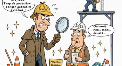 Illustration humoristique montrant le cliché d’un inspecteur CNESST façon Sherlock Holmes exagérant des dangers, face à un COSS nerveux et un travailleur à 299 cm.