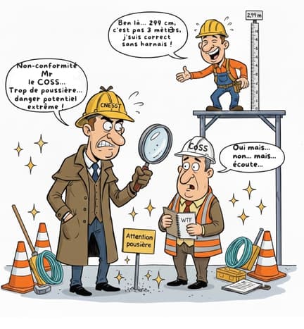 Illustration humoristique montrant le cliché d’un inspecteur CNESST façon Sherlock Holmes exagérant des dangers, face à un COSS nerveux et un travailleur à 299 cm.