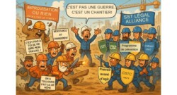 Image humoristique d’un chantier montrant deux armées opposées : l’armée de l’improvisation tenant des pancartes comme « on n’a pas le temps » et « résistance au changement », face à l’armée de la SST organisée avec des boucliers LSST, CSTC, Programme de prévention et CNESST. Un COSS tente de les arrêter en criant que ce n’est pas une guerre mais un chantier.