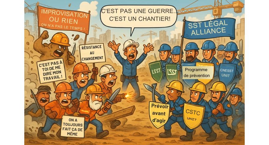 Image humoristique d’un chantier montrant deux armées opposées : l’armée de l’improvisation tenant des pancartes comme « on n’a pas le temps » et « résistance au changement », face à l’armée de la SST organisée avec des boucliers LSST, CSTC, Programme de prévention et CNESST. Un COSS tente de les arrêter en criant que ce n’est pas une guerre mais un chantier.