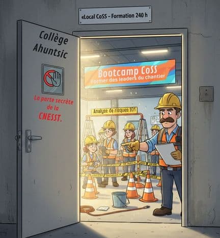 Illustration d’une porte ordinaire du Collège Ahuntsic révélant un bootcamp de formation CoSS, avec des recrues en plein entraînement SST et un instructeur supervisant les exercices de prévention.