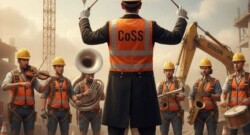 coordonnateur SST dirigeant des travailleurs sur un chantier comme un chef d’orchestre, illustration humoristique