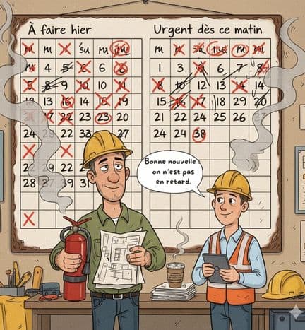 l’une entreprise générale sur un chantier, tentant de gérer un échéancier en retard tout en assurant la conformité des travaux.