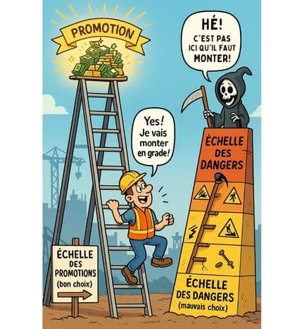 sante securite au travail — travailleur grimpant l’échelle des dangers.