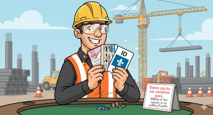 Travailleur de la construction montrant trois cartes essentielles — ASP 30 h, carte CCQ et carte d’identité — comme une main de poker gagnante devant un chantier.
