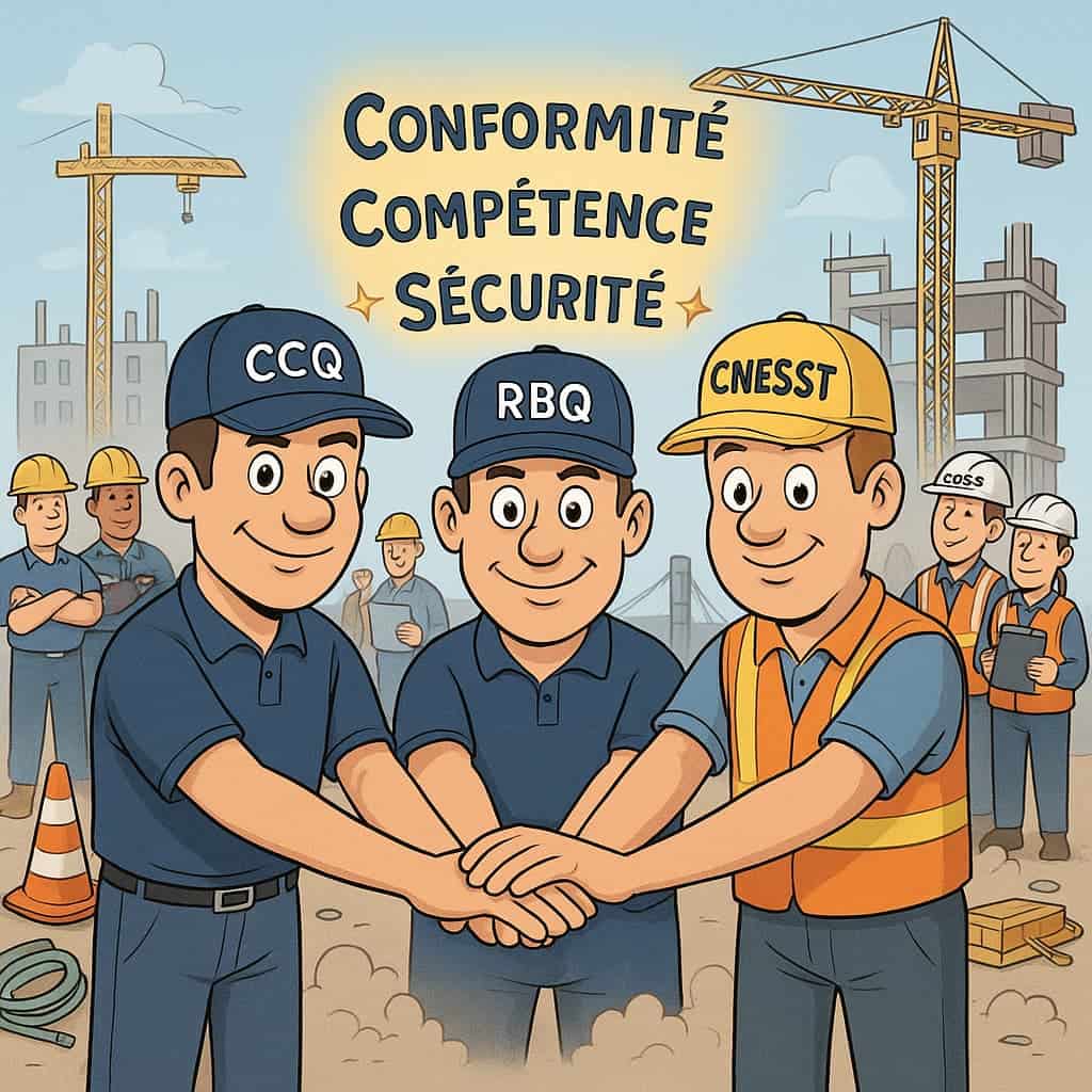 Illustration cartoon montrant les capitaines CCQ, RBQ et CNESST unissant leurs mains sur un chantier, entourés de travailleurs, entrepreneurs et COSS, symbolisant compétence, conformité et sécurité.