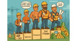 Frise humoristique montrant l’évolution d’un travailleur de la construction sur des podiums, de l’ASP et DEP jusqu’à l’entrepreneur RBQ, avec progression musculaire et podium final rempli d’argent.