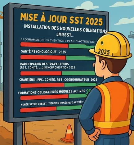 Panneau de chantier cartoon montrant la mise à jour SST 2025 avec des barres de progression rouges devenant vertes pour illustrer les nouvelles obligations LMRSST : prévention, santé psychologique, participation des travailleurs, formations et numérisation CNESST.