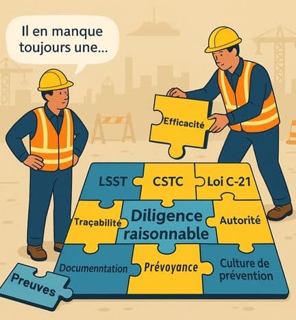 Illustration d’un puzzle représentant la diligence raisonnable en SST avec les obligations LSST, CSTC, Loi C-21, prévoyance, efficacité et autorité sur un chantier.