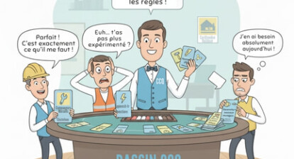 Illustration humoristique du bassin CCQ où un distributeur remet des cartes de travailleurs à des entrepreneurs.