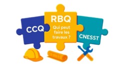 Illustration en forme de puzzle présentant la RBQ, la CCQ et la CNESST, montrant comment chaque organisme a un rôle distinct sur un chantier.