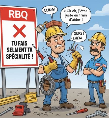 Sous-traitant multitâche illustré en BD avec un panneau RBQ “Tu fais seulement ta spécialité”, sur un chantier de construction au Québec.