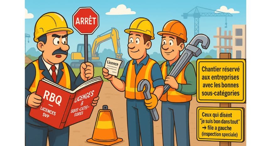 Illustration humoristique d’un inspecteur RBQ vérifiant les licences et sous-catégories d’entrepreneurs sur un chantier au Québec.