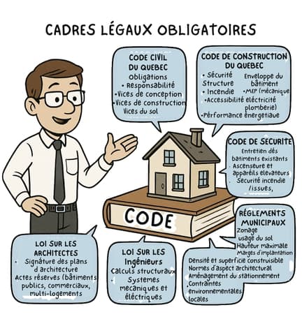 Schéma illustrant les règlements municipaux au Québec : zonage, hauteur permise, implantation, densité et contraintes d’aménagement pour un projet de construction