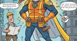 Sous-traitant de la construction représenté comme un super-héros, illustré en BD québécoise avec casque, outils et cape en plan de chantier.