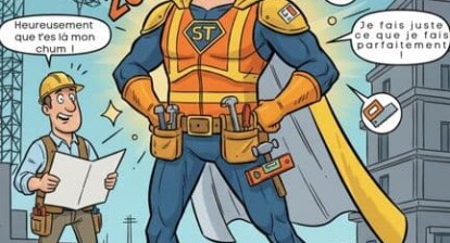 Sous-traitant de la construction représenté comme un super-héros, illustré en BD québécoise avec casque, outils et cape en plan de chantier.