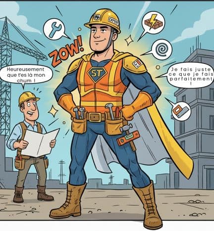 Sous-traitant de la construction représenté comme un super-héros, illustré en BD québécoise avec casque, outils et cape en plan de chantier.