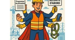 Illustration humoristique d’un superviseur de chantier super-héros avec six bras, appelé Super SST-Manou, symbolisant la diligence raisonnable en santé et sécurité au travail.