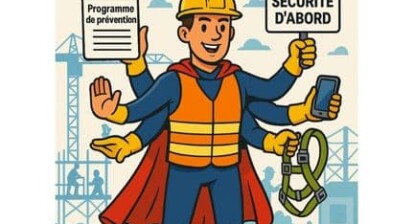Illustration humoristique d’un superviseur de chantier super-héros avec six bras, appelé Super SST-Manou, symbolisant la diligence raisonnable en santé et sécurité au travail.