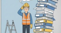 Travailleur devant une échelle et une pile de classeurs LSST, LATMP, CSTC et RSST, illustrant la complexité des lois en SST au Québec.