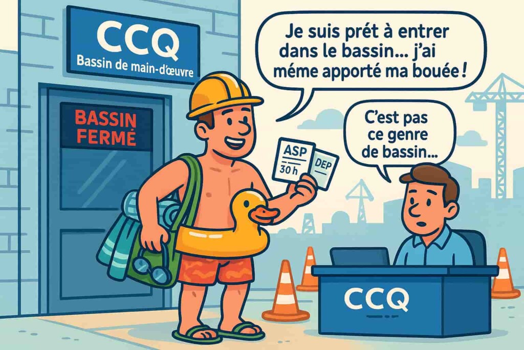Travailleur en maillot de bain avec casque de chantier et bouée essayant d’entrer au bassin de main-d’œuvre de la CCQ, scène humoristique expliquant la confusion entre bassin CCQ et piscine.