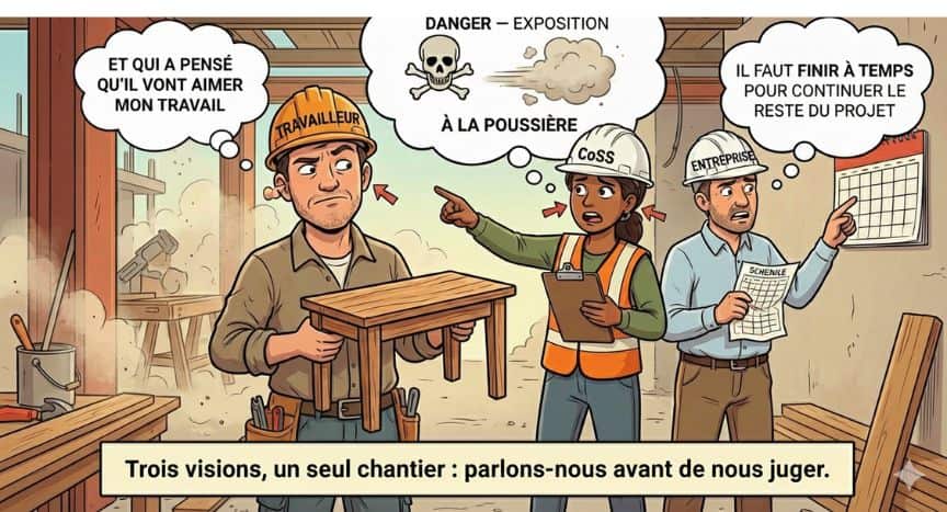 Travailleur fier présentant une table, CoSS soulignant un danger de poussière et surintendant préoccupé par l’horaire, illustrant trois visions différentes de la SST sur un chantier dans le contexte du cours santé sécurité construction.
