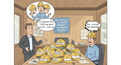 cours santé sécurité construction – illustration humoristique d’un COSS devant une pile de casques représentant diverses responsabilités SST
