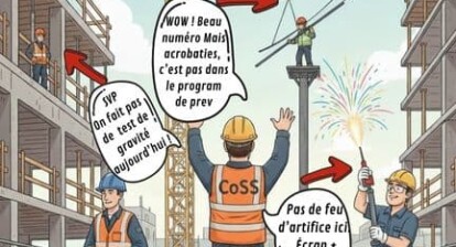 Illustration d’un chantier où un CoSS rappelle des consignes SST à trois travailleurs : l’un trop près du bord, l’autre en hauteur comme un acrobate et un troisième manipulant une flamme sans protection.