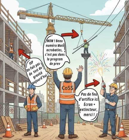 Illustration d’un chantier où un CoSS rappelle des consignes SST à trois travailleurs : l’un trop près du bord, l’autre en hauteur comme un acrobate et un troisième manipulant une flamme sans protection.