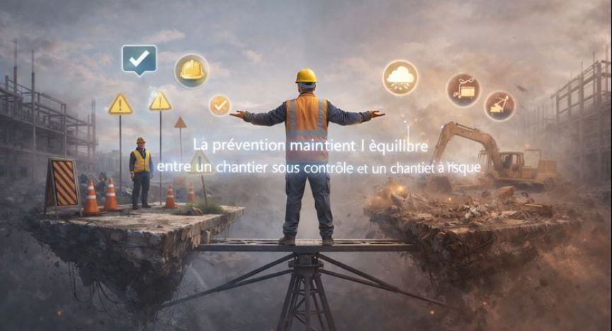 Illustration d’un chantier divisé entre zone sécuritaire et zone à risque, symbolisant l’équilibre créé par l’application de l’article 51 LSST et les obligations de prévention de l’employeur.
