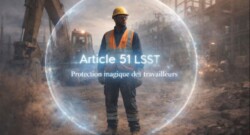 Travailleur sur un chantier protégé par un bouclier lumineux symbolisant l’article 51 LSST et la protection magique des travailleurs par la prévention.