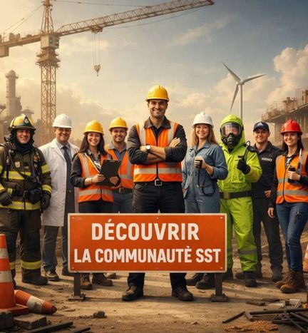 Groupe de professionnels en santé et sécurité au travail sur un chantier de construction, représentant la Communauté SST et la collaboration en prévention.