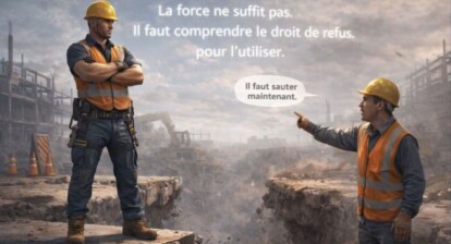 Travailleur de la construction refusant un saut dangereux sur un chantier, illustrant le droit de refus LSST face à une tâche risquée
