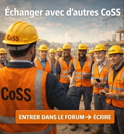 Coordonnateur en santé et sécurité vu de dos échangeant avec un groupe de CoSS sur un chantier de construction, illustrant l’entrée dans le forum et le partage d’expérience.