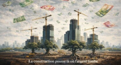 Illustration représentant l’industrie de la construction au Québec, où des chantiers et immeubles poussent comme des arbres sous une pluie de dollars canadiens, symbolisant l’argent qui finance la construction.