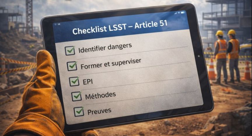 LSST Québec : checklist Article 51 sur tablette sur un chantier de construction