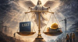 Balance de justice géante avec un livre LSST sur un chantier de construction au Québec, illustrant les obligations SST de la LSST Québec.